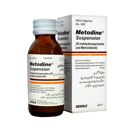 Metodine Suspension bottle and packaging on a white background