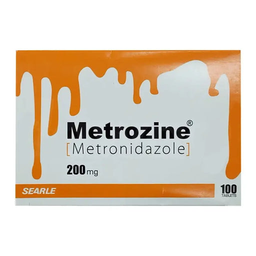 Box of Metrozine Metronidazole 200mg with orange and white design