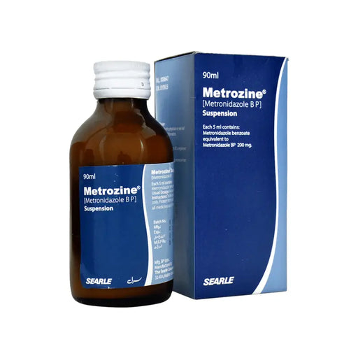 Brown bottle and blue box of Metrozine suspension on a white background