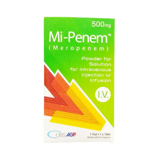 Mi-Penem (Meropenem) packaging with green background and red and yellow design elements.