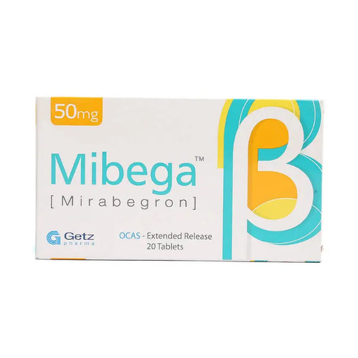 Mibega Mirabegron packaging with Getz Pharma logo on a white background