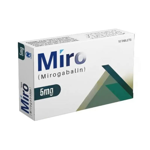 Box of Miro (Mirogabalin) tablets with 5mg dosage on a white background