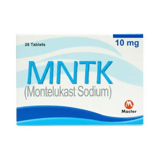 Box of MNTK Montelukast Sodium tablets with Macter branding on a white background
