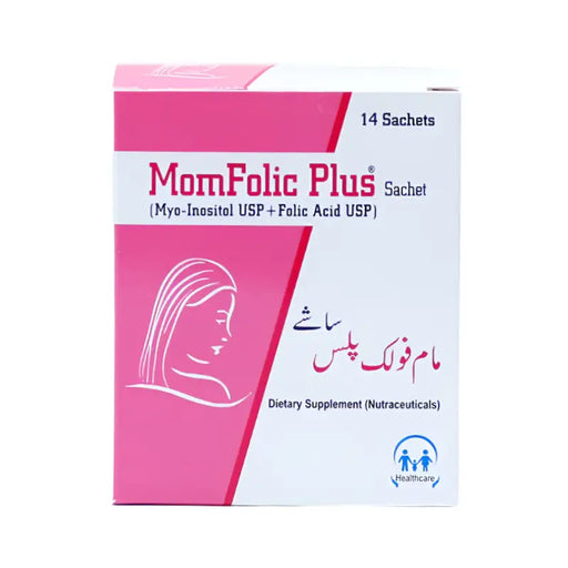 Box of MomFolic Plus dietary supplement with pink and white design.