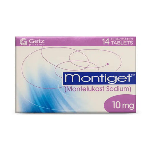 Box of Montiget Montelukast Sodium tablets with Getz Pharma branding on a white background