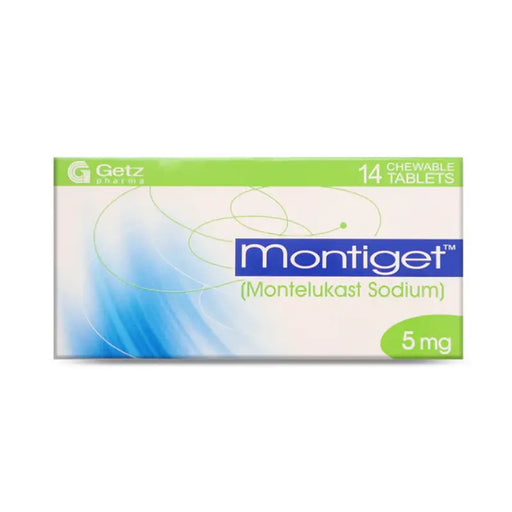 Box of Montiget chewable tablets with Getz Pharma branding on a white background