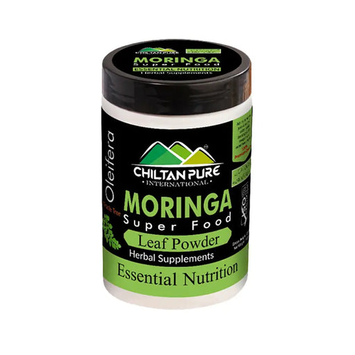 Chiltan Pure Moringa Super Food Leaf Powder container on a white background