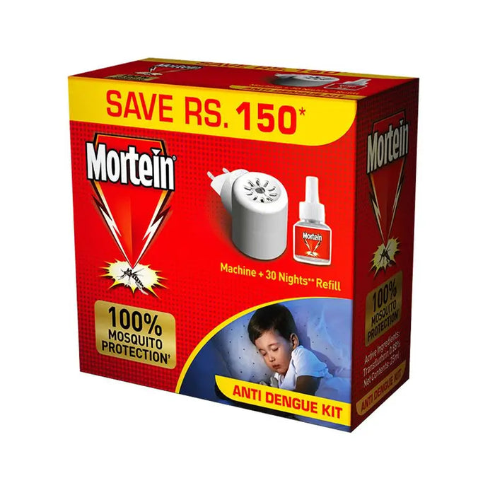 Mortein anti-dengue kit packaging with mosquito repellent machine and refill on a white background