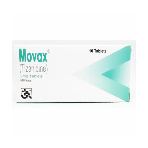 Box of Movax (Tizanidine) tablets on a white background