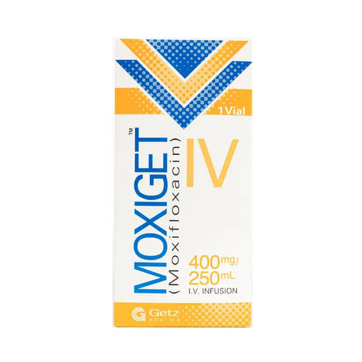 Moxiget IV packaging with blue and orange design on a white background