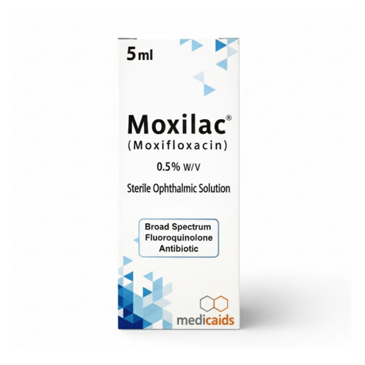 Moxilac (Moxifloxacin) packaging with branding on a white background