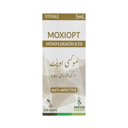 Moxiopt eye drops packaging with Hudson Pharma branding on a white background