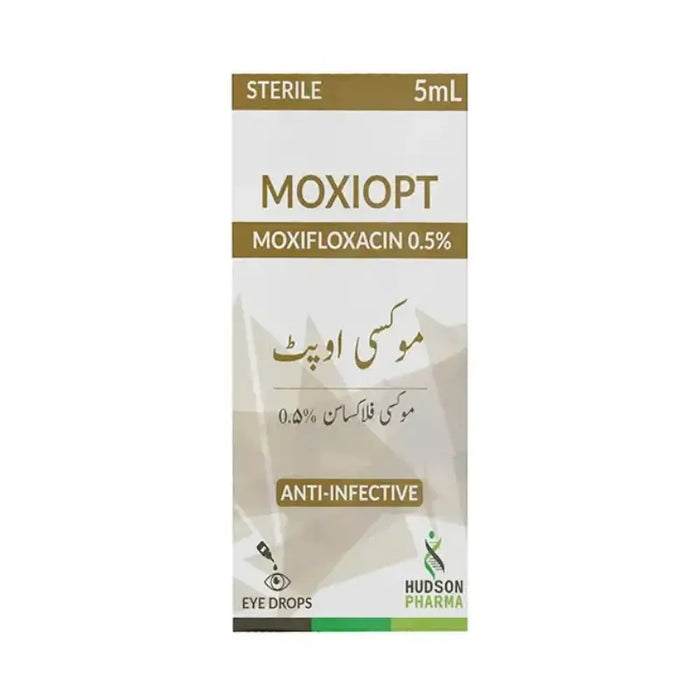 Moxiopt eye drops packaging with Hudson Pharma branding on a white background