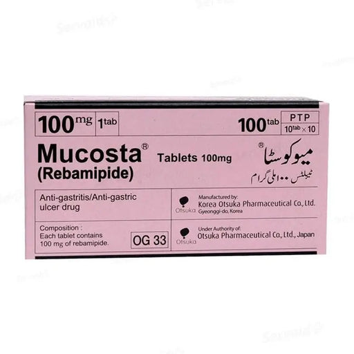 Box of Mucosta (Rebamipide) tablets 100mg on a white background
