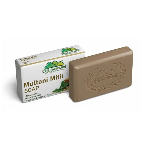 Bar of Multani Mitii soap with packaging on a white background