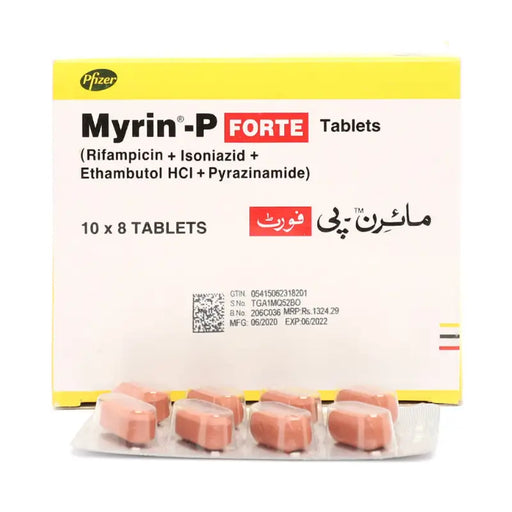 Packaging of Myrin-P Forte tablets by Pfizer with visible tablets inside.