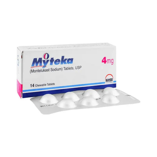Myteka 4mg montelukast sodium tablets packaging on a white background