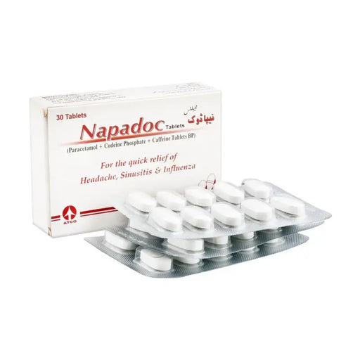 Napadoc tablets packaging with blister pack on a white background