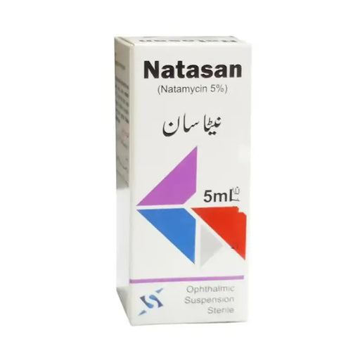 Natasan ophthalmic suspension packaging with colorful triangle design on a white background