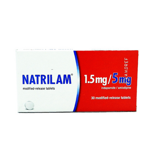Box of Natrilam modified-release tablets with red and white design