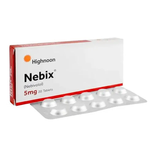 Nebix 5mg tablets packaging with Highnoon branding on a white background