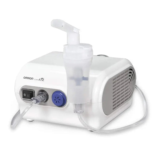 White and clear Omron inhaler on a white background