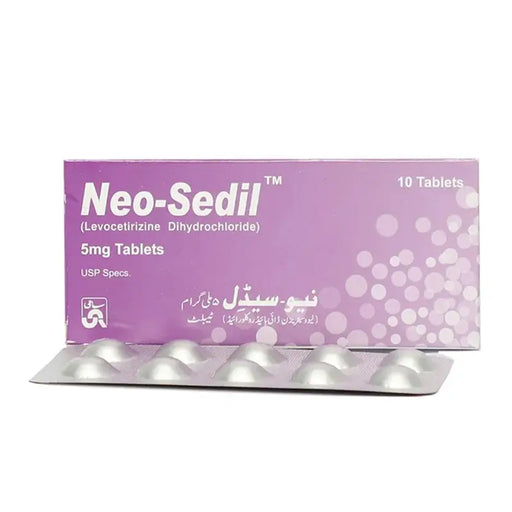 Neo-Sedil medication packaging with tablets on a white background