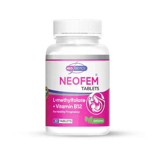Neofem tablets bottle with pink label on a white background