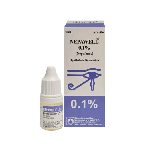 Nepawell 0.1% eye drop bottle and packaging on a white background