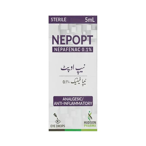Nepopt eye drops packaging with Hudson Pharma logo on a white background