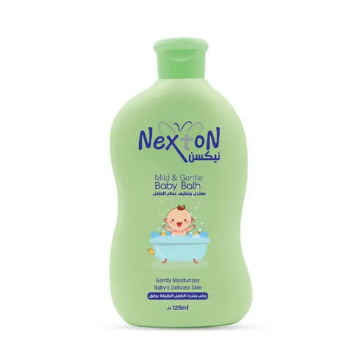Green bottle of Nexton baby bath on a white background