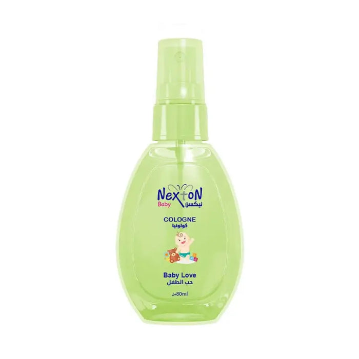 Green Nexon baby cologne bottle on a white background