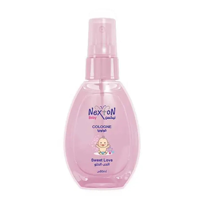 Pink bottle of Nex baby cologne on a white background