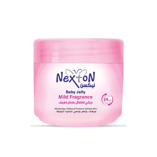 Pink jar of Nexトン Baby Jelly with a white label on a white background