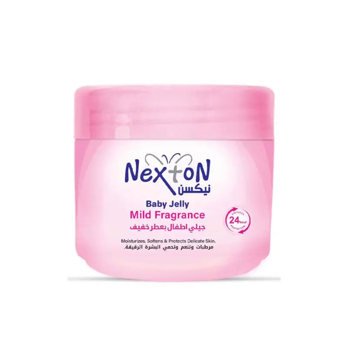 Pink jar of Nexトン Baby Jelly with a white label on a white background