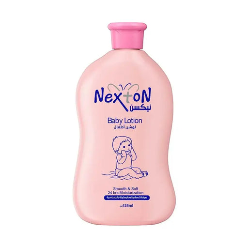 Pink bottle of Nexton baby lotion on a white background