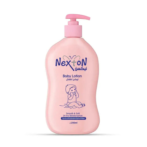 Pink bottle of Nexton baby lotion on a white background