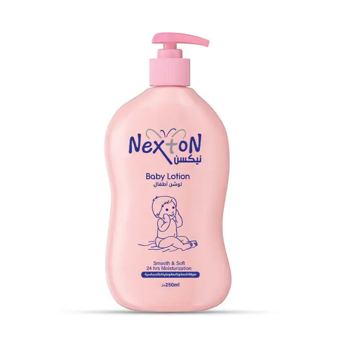 Pink bottle of Nexton baby lotion on a white background