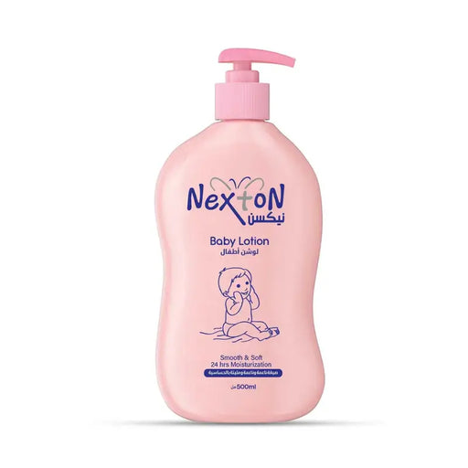 Pink bottle of Nexton baby lotion on a white background