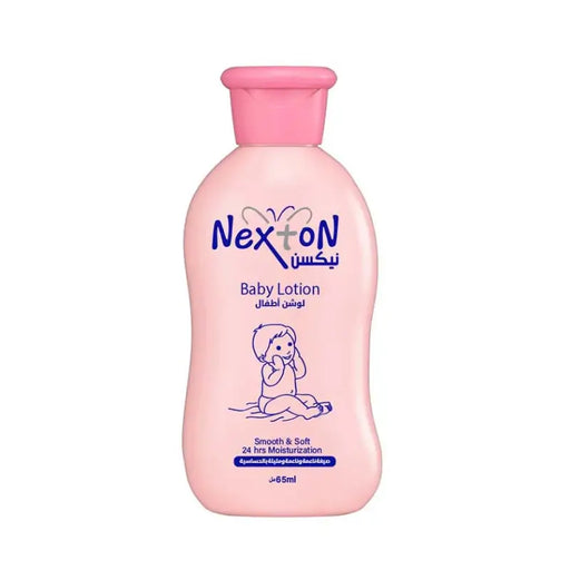 Pink bottle of Nexton baby lotion on a white background