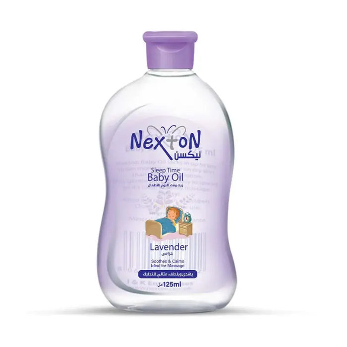 Bottle of Nexton Baby Oil Lavender, 125ml with a purple cap, labeled for keeping the baby's hair and scalp clean.