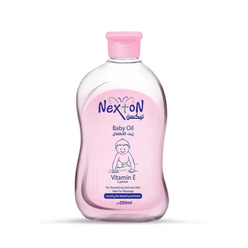 Bottle of Nexton Baby Oil with Vitamin-E, 250ml, pink packaging.