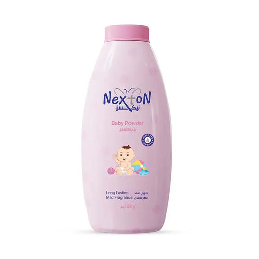 Pink bottle of NexTone baby powder on a white background