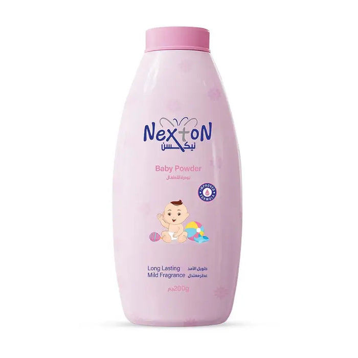 Pink bottle of Nexton baby powder on a white background