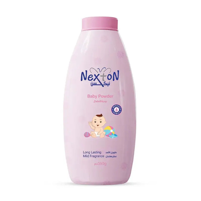 Pink baby powder bottle with 'NexTOn' branding on a white background