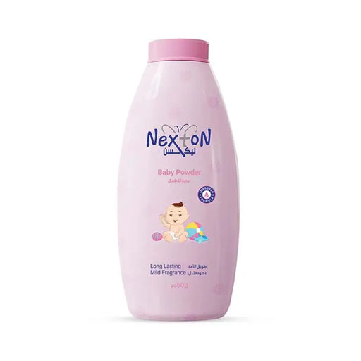 Pink bottle of Nexton baby powder on a white background