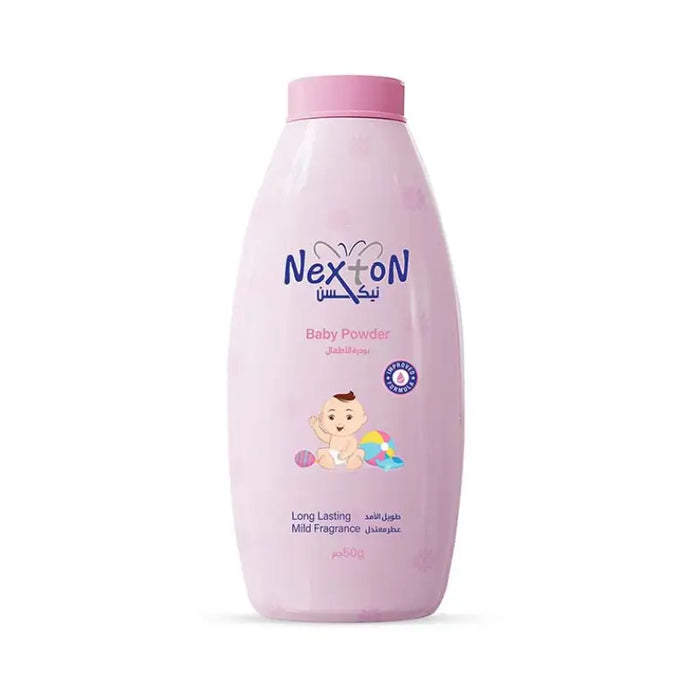 Pink bottle of Nexton baby powder on a white background