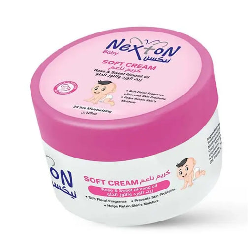 Jar of Nexton Baby Soft Cream with pink lid on a white background