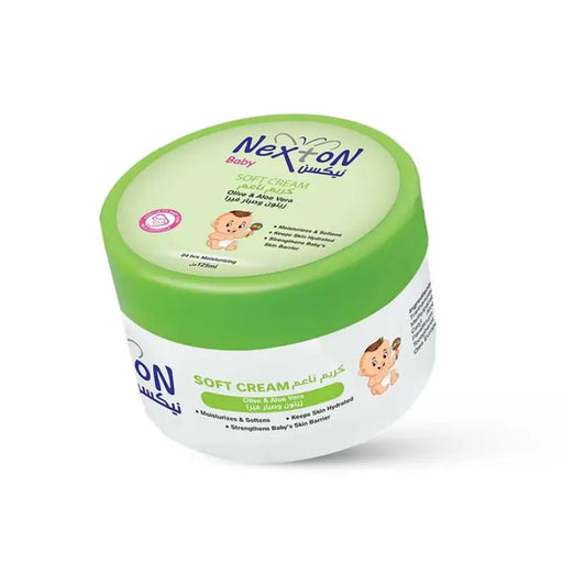 Nexton baby soft cream jar with green lid on a white background