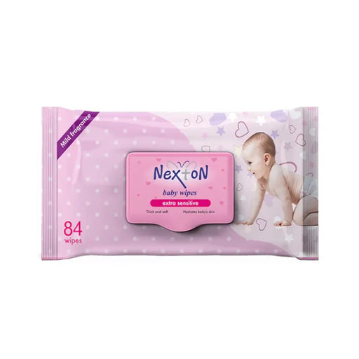 Package of Nexton baby wipes with a baby illustration on a white background